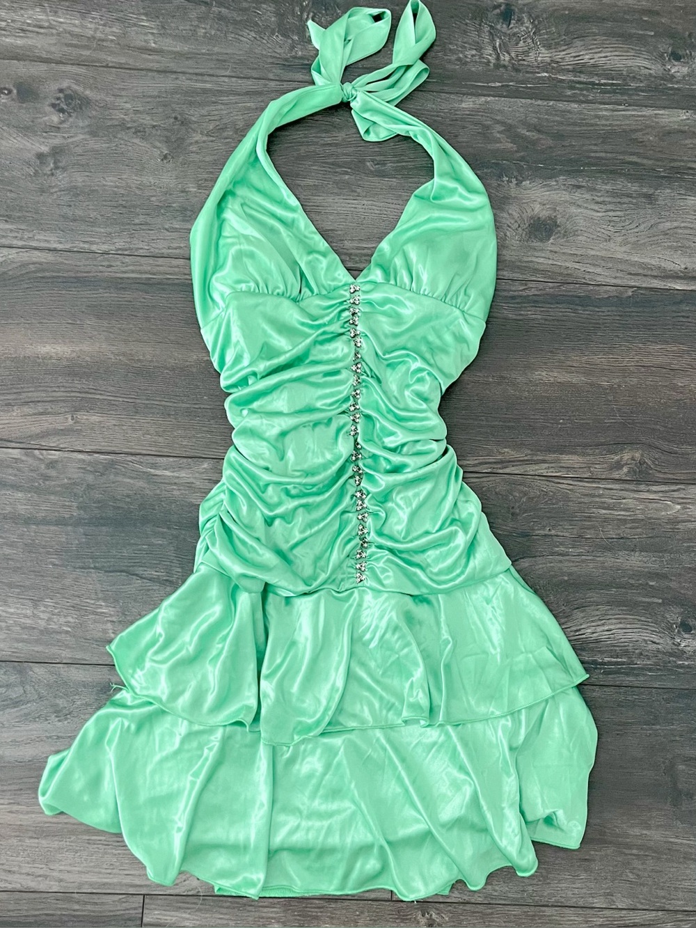 y2k my michelle mint green halter ruffle mini dress
